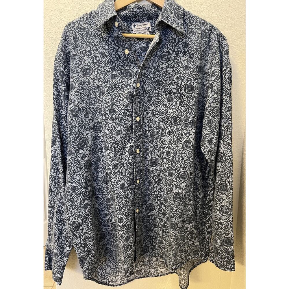 LUCKY BRAND Men’s XL Linen Dungarees Western Blue Floral Button Down Shirt